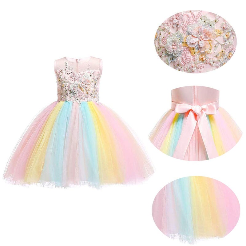 HIHCBF Halloween Costume Unicorn Birthday Dress Pageant Rainbow Party Tutu Dresses Flower Evening Gowns Carnival Dress Up Outfit Multicolored 4-5T - Image 4